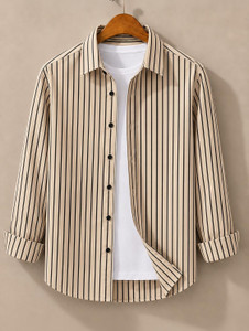 JACKBELLA Men Striped Casual Beige Shirt