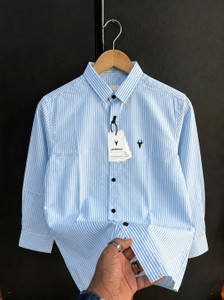 JACKBELLA Men Striped Casual Light Blue White