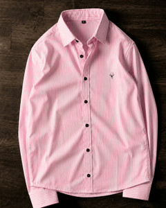 JACKBELLA Men Striped Casual Pink Shirt