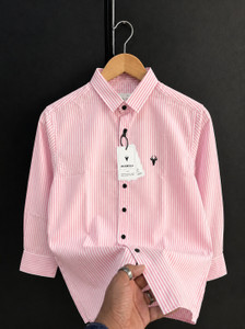 JACKBELLA Men Striped Casual Pink White Shirt