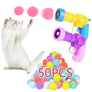 cat ball launcher toy - 50pcs 12inch pompom balls and 2 launchers soft interactive balls active exercise toys for indoor cats - multi-colored