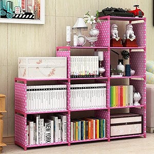 book self  7 layer portable book shelf kids books racks for home plastic bookshelf for home book shelves book stand book organizer book rack for study roomlibrary dot-pink 9 cases