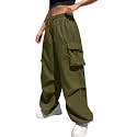 JAGMOOLYA Products Women’s High Waist Cargo Pants Baggy Streetwear Wide Leg Trousers with 4 Pockets (Dark Green)