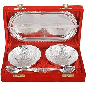 jaipur ace aluminium bowl with tray set includes -1 tray 2 bowls 150 ml 2 spoons silver pack of 9