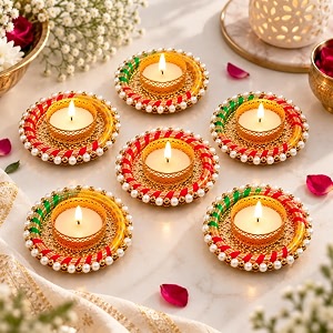 jaipur ace decorative diya tealight candle holders set of 6 traditional indian diwali decoration diyas with pearl amp beaded design festive table centerpiece for pooja home decor wedding amp gifting