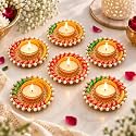 Jaipur Ace Decorative Diya Tealight Candle Holders Set of 6, Traditional Indian Diwali Decoration Diyas with Pearl &amp; Beaded Design, Festive Table Centerpiece for Pooja, Home Decor, Wedding &amp; Gifting