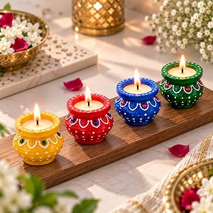 jaipur ace decorative matki diya candle holder set of 4  colourful traditional tea light holders for diwali pooja amp home decoration  festive table decor rangoli decor amp gifting