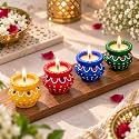 JAIPUR ACE Decorative Matki Diya Candle Holder Set of 4 | Colourful Traditional Tea Light Holders for Diwali, Pooja &amp; Home Decoration | Festive Table Decor, Rangoli Decor &amp; Gifting