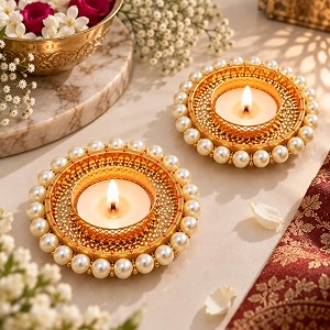 jaipur ace decorative pearl diya candle holder set of 2  golden tea light candle holders with pearl bead border  diwali pooja festive home decor rangoli decoration amp gift
