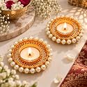 JAIPUR ACE Decorative Pearl Diya Candle Holder Set of 2 | Golden Tea Light Candle Holders with Pearl Bead Border | Diwali Pooja, Festive Home Decor, Rangoli Decoration & Gift