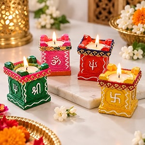 jaipur ace diwali tulsi diya candle holder set of 4  decorative square tea light candle holders with om trishul amp swastik designs  traditional pooja home decor amp festive decoration