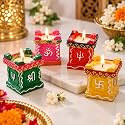 JAIPUR ACE Diwali Tulsi Diya Candle Holder Set of 4 | Decorative Square Tea Light Candle Holders with Om, Trishul &amp; Swastik Designs | Traditional Pooja, Home Decor &amp; Festive Decoration