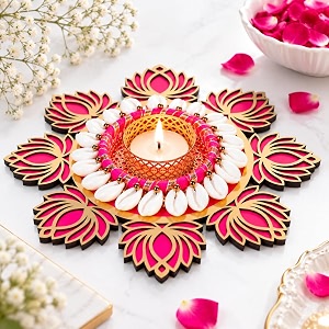 jaipur ace lotus rangoli diya decoration for home amp pooja  decorative tealight candle holder with pink lotus design shell detailing amp traditional rangoli centerpiece  diwali festive ampwedding decor