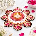 JAIPUR ACE Lotus Rangoli Diya Decoration for Home &amp; Pooja | Decorative Tealight Candle Holder with Pink Lotus Design, Shell Detailing &amp; Traditional Rangoli Centerpiece | Diwali, Festive &amp;Wedding Decor