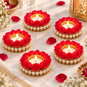 jaipur ace rose tealight candle holder set of 5 decorative diya stand with pearl floral design diwali decoration pooja room decor home decor table centerpiece festive gift amp wedding decoration