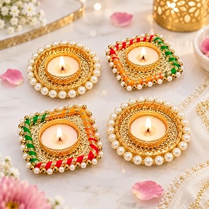jaipur ace set of 4 decorative diya tealight holders golden pearl studded candle holders with colorful thread work diwali decoration pooja amp festive home decor