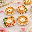Jaipur Ace Set of 4 Decorative Diya Tealight Holders, Golden Pearl Studded Candle Holders with Colorful Thread Work, Diwali Decoration, Pooja &amp; Festive Home Decor