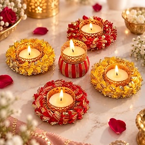 jaipur ace set of 5 decorative diya amp tealight candle holders handmade flower design with golden embellishment amp colorful fabric work diwali decoration pooja room amp festive home decor