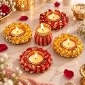 Jaipur Ace Set of 5 Decorative Diya &amp; Tealight Candle Holders, Handmade Flower Design with Golden Embellishment &amp; Colorful Fabric Work, Diwali Decoration, Pooja Room &amp; Festive Home Decor