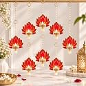 Jaipur Ace Set of 8 Hanging Lotus Diya Candle Holders with Pearl Bead Decoration, Red &amp; Golden Hanging Diyas for Diwali, Pooja, Festive Home Decor &amp; Door Decoration, Tealight Decorations