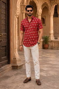 JAIPUR RAJWADA Men Printed Casual Red Shirt