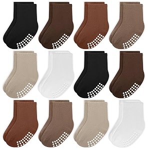 jakidar 12 pack baby socks cotton crew toddler socks grips non slip bottom kids socks
