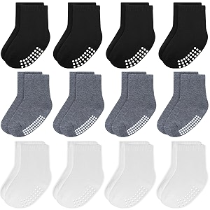 jakidar 12 pack baby socks cotton crew toddler socks grips non slip bottom kids socks