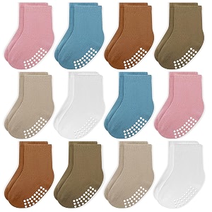 jakidar 12 pack baby socks cotton crew toddler socks grips non slip bottom kids socks