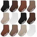 JAKIDAR 12 Pack Baby Socks Cotton Crew Toddler Socks Grips Non Slip Bottom Kids Socks