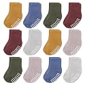 JAKIDAR 12 Pack Baby Socks Cotton Crew Toddler Socks Grips Non Slip Bottom Kids Socks