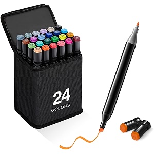 dual tip art markers 24 colours with carrying case for painting sketching calligraphy drawing non toxic twin head permanent colouring markers for kids adult beginners-multicolor