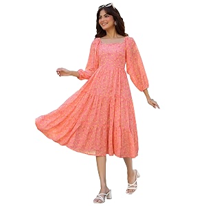 Janasya Georgette Tiered Midi Womens Dresses