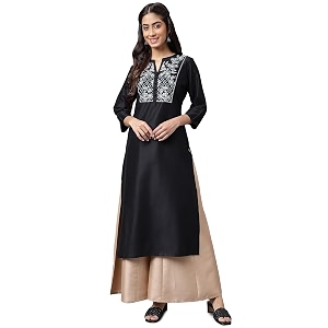 Janasya Womens Black Poly Silk Yoke Embroidered