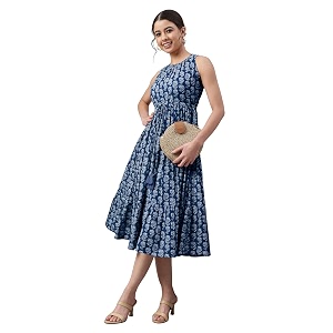 Janasya Womens Blue Pure Cotton Floral Printed