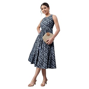 Janasya Womens Blue Pure Cotton Floral Printed