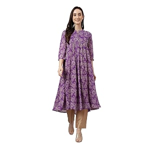 Janasya Womens Chiffon Lurex Floral Printed A-line