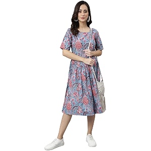 Janasya Womens Cotton Floral Print Flared Dress
