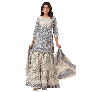 Janasya Womens Cream Pure Cotton Floral Printed