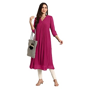 Janasya Womens Dobby Chiffon Self Design Flared
