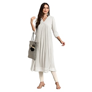 Janasya Womens Dobby Chiffon Self Design Flared