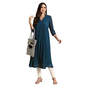 Janasya Womens Dobby Chiffon Self Design Flared
