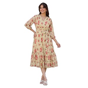 Janasya Womens Georgette Floral Printed Tiered Dress