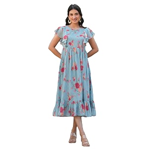 Janasya Womens Georgette Floral Printed Tiered Dress