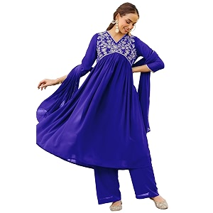 Janasya Womens Georgette Zari Yoke Embroidered A-line
