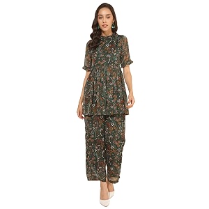 Janasya Womens Green Chiffon Lurex Floral Printed