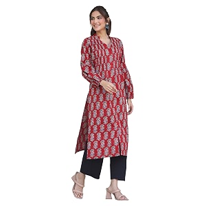 Janasya Womens Maroon Pure Cotton Floral Print
