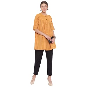 Janasya Womens Mustard Cotton Woven Design Gathered