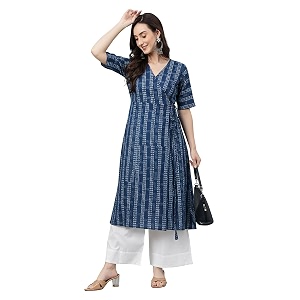 Janasya Womens Mustard Pure Cotton Striped Printed