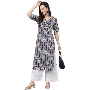 Janasya Womens Mustard Pure Cotton Striped Printed