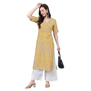 Janasya Womens Mustard Pure Cotton Striped Printed